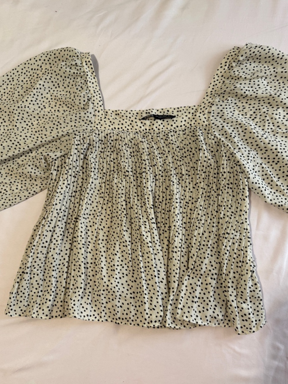 Zara Cream Polka Dot Smocked Square Neck Puff Sleeve Blouse L